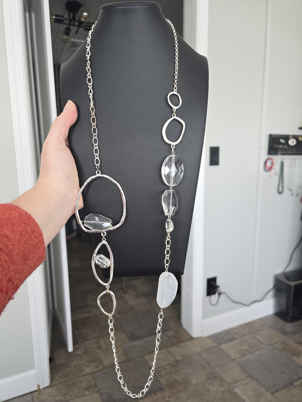 Silver-Tone Long Pendant Necklace with Clear Gem Accents - Womens Jewelry